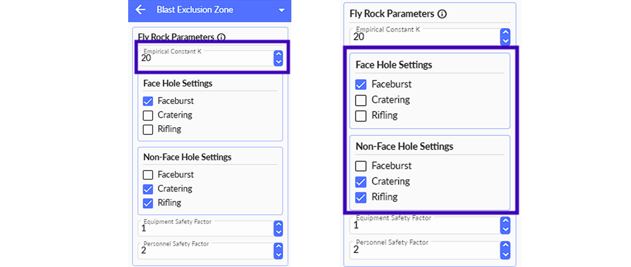 Screenshot of a software interface panel titled "Blast Exclusion Zone". The panel has a section for "Fly Rock Parameters". On the left side, the input field for "Empirical Constant K" with a value of "20" is highlighted in a purple box. Below it are "Face Hole Settings" with a checkbox for "Faceburst" selected, and "Non-Face Hole Settings" with checkboxes for "Cratering" and "Rifling" selected. Input fields for "Equipment Safety Factor" (value 1) and "Personnel Safety Factor" (value 2) are also present. The right side shows the same panel, but the purple box highlights the "Face Hole Settings" and "Non-Face Hole Settings" sections. Below the panels is a text caption: "K = 13 (Soft Rock) | K = 20 (Medium Rock) | K = 27 (Hard Rock)".