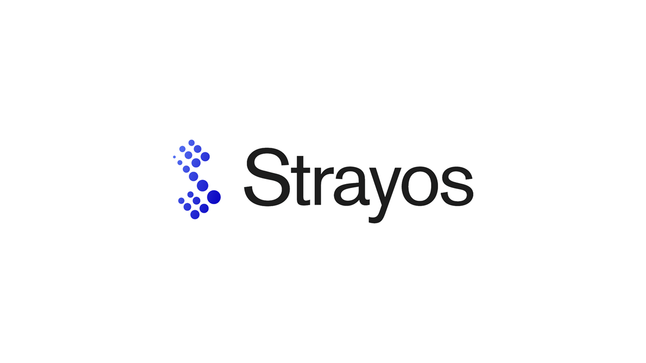 Strayos logo. Blue S made out of various sizes of dots followed by the word Strayos in black letters