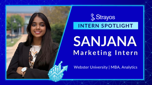Strayos Intern Spotlight graphic featuring Sanjana, a Marketing Intern studying MBA, Analytics at Webster University.
