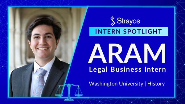 Strayos Intern Spotlight graphic featuring Aram, a Legal Business Intern studying History at Washington University.